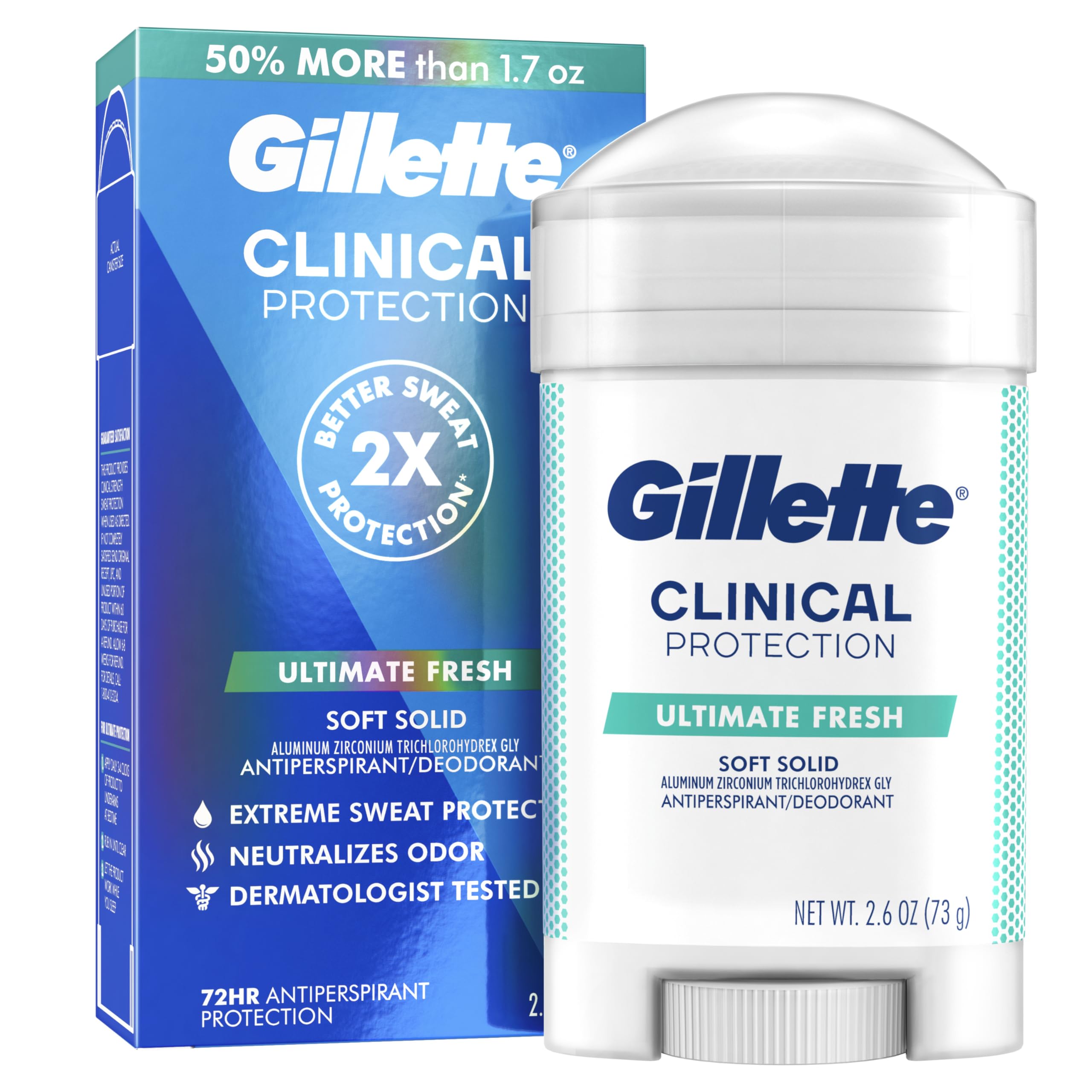 Gillette Clinical Antiperspirant and Deodorant for Men, 72hr Sweat & Odor Protection, Long Lasting Freshness, Anti-White Mark Technology, Soft Solid, Ultimate Fresh Scent, 2.6 oz