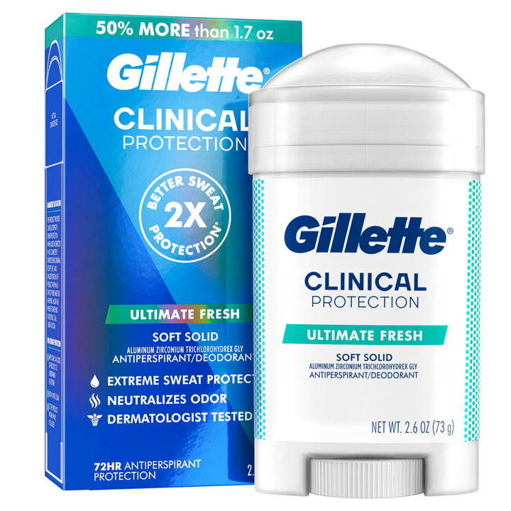 Gillette Clinical Antiperspirant and Deodorant for Men, 72hr Sweat & Odor Protection, Long Lasting Freshness, Anti-White Mark Technology, Soft Solid, Ultimate Fresh Scent, 2.6 oz