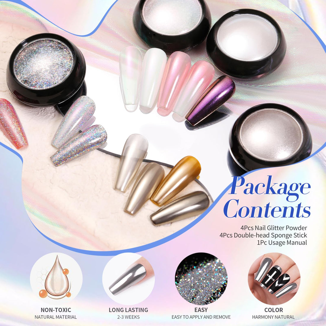 BORN PRETTY Chrome Nail Powder,White Pearl Metallic Mirror Holographic Chrome Powder for Nails,Pearl Glitter Pigment Dust Kit Nail Art Decoration Sets