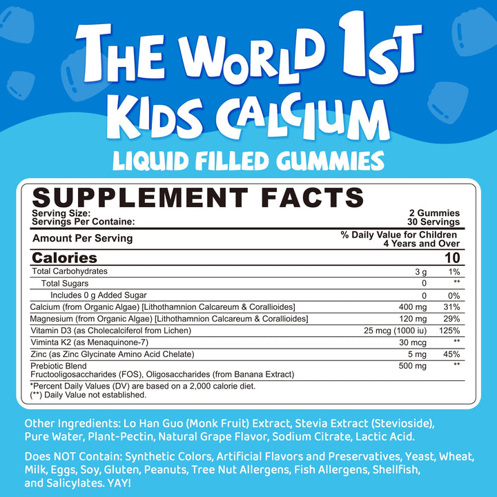 Sugar Free Kids Calcium Gummies with Prebiotics (FOS) 500mg, High Absorption Vegan Algae Calcium for Bone Growth, Kids Vitamin Gummies for Healthy Development with D3 K2, Grape Flavor, Non-GMO, 60 Cts