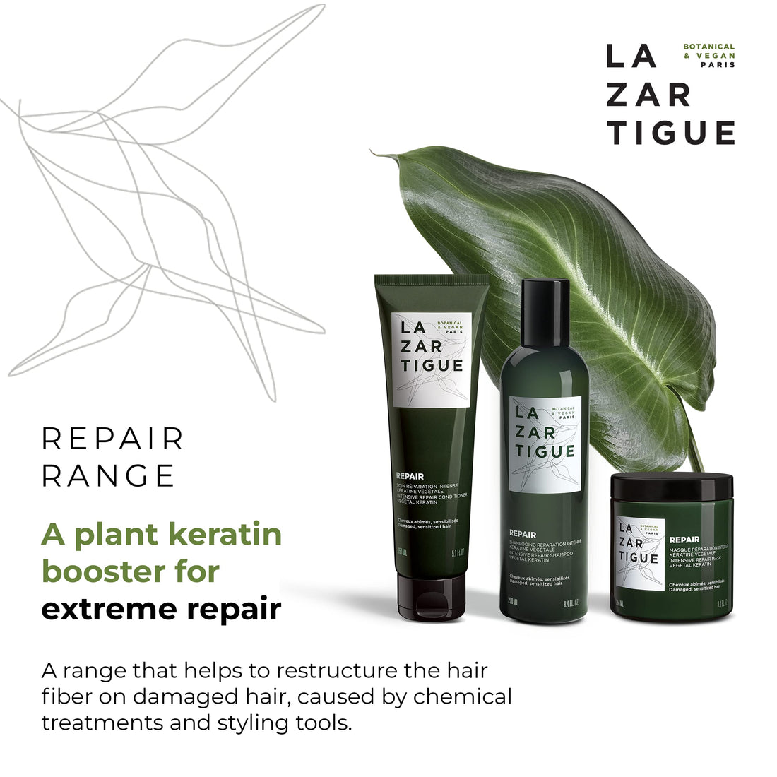 Lazartigue Repair Conditioner, Intensive Repair for Damaged Hair, Enriched with Vegetal Keratin, Vegan, Sulfate-Free, Silicone-Free, 5.1 fl.oz.