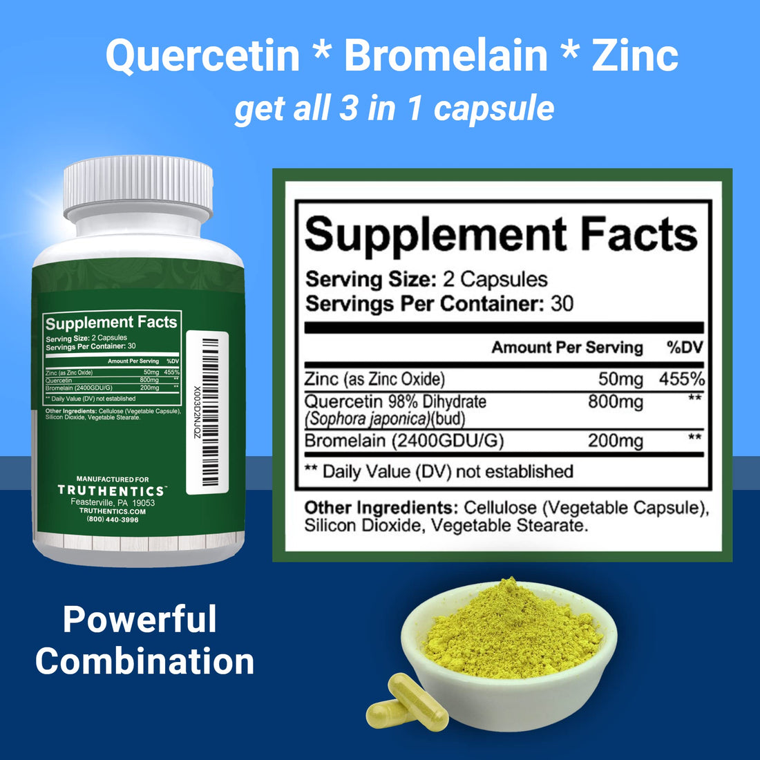 TRUTHENTICS Quercetin with Bromelain and Zinc 1050mg - Premium Zinc Quercetin Supplements for Immune, Respiratory & Seasonal Support - Non-GMO, Gluten Free - 60 Veggie Capsules