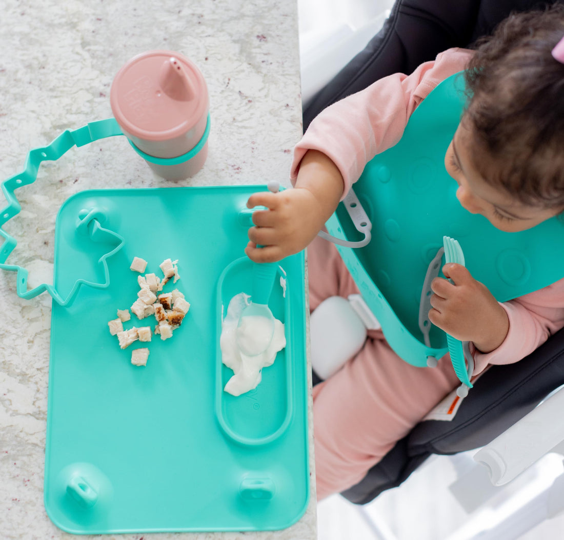 BUSY BABY Silicone Mat - Suction Cups, 4 Straps to Secure Baby Essentials, Self Feeding, Baby Led Weaning, Travel Sleeve Included (Spearmint)