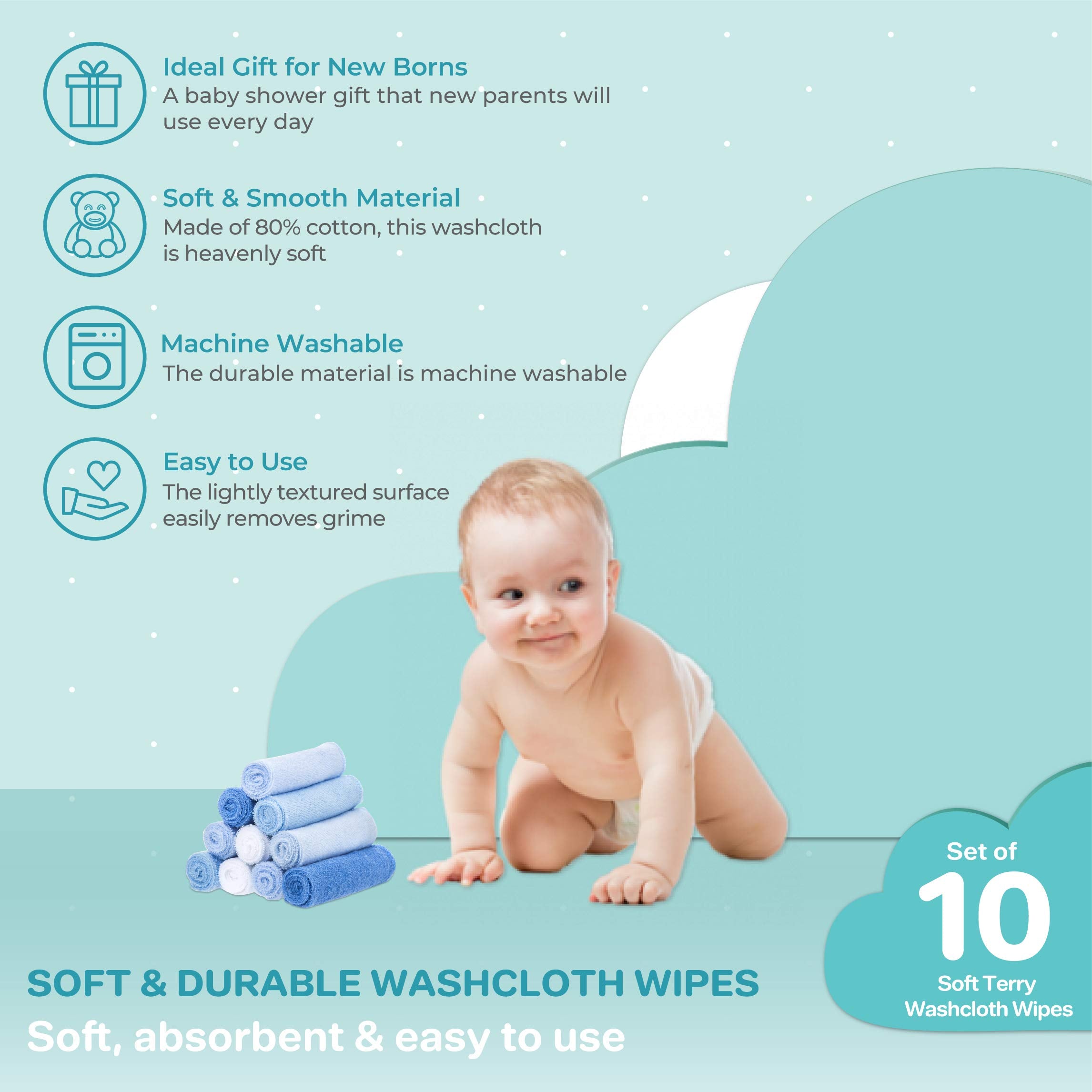 Spasilk Washcloth Wipes Set for Newborn Boys and Girls, Soft Terry Washcloth Set, Pack of 10, Blue