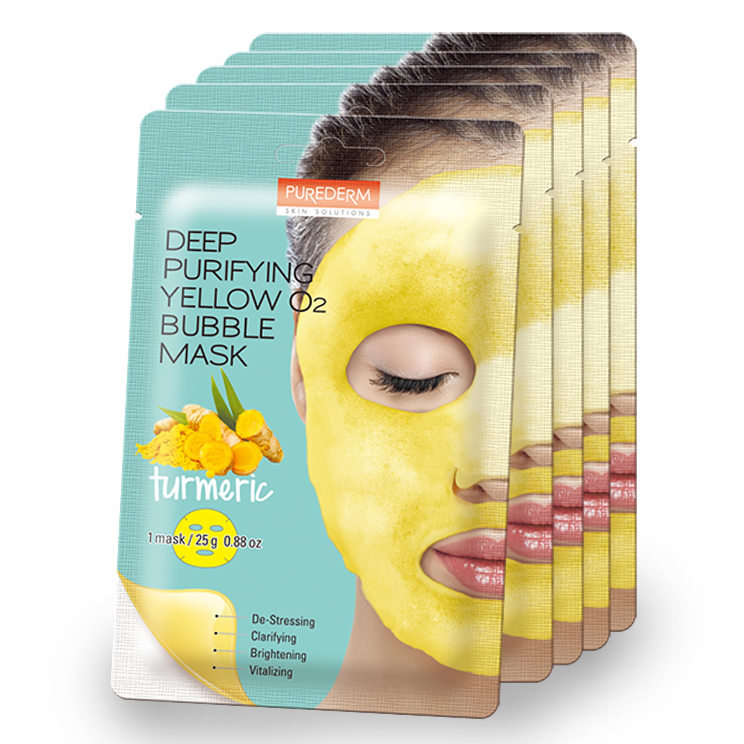 PUREDERM Deep Purifying Yellow O2 Bubble Mask 0.88oz x 5ea / Korean beauty/Bubble mask/Cleansing foam/Cleanser/Purifying mask/Turmeric/Clarifying/Brightening/Face toxin