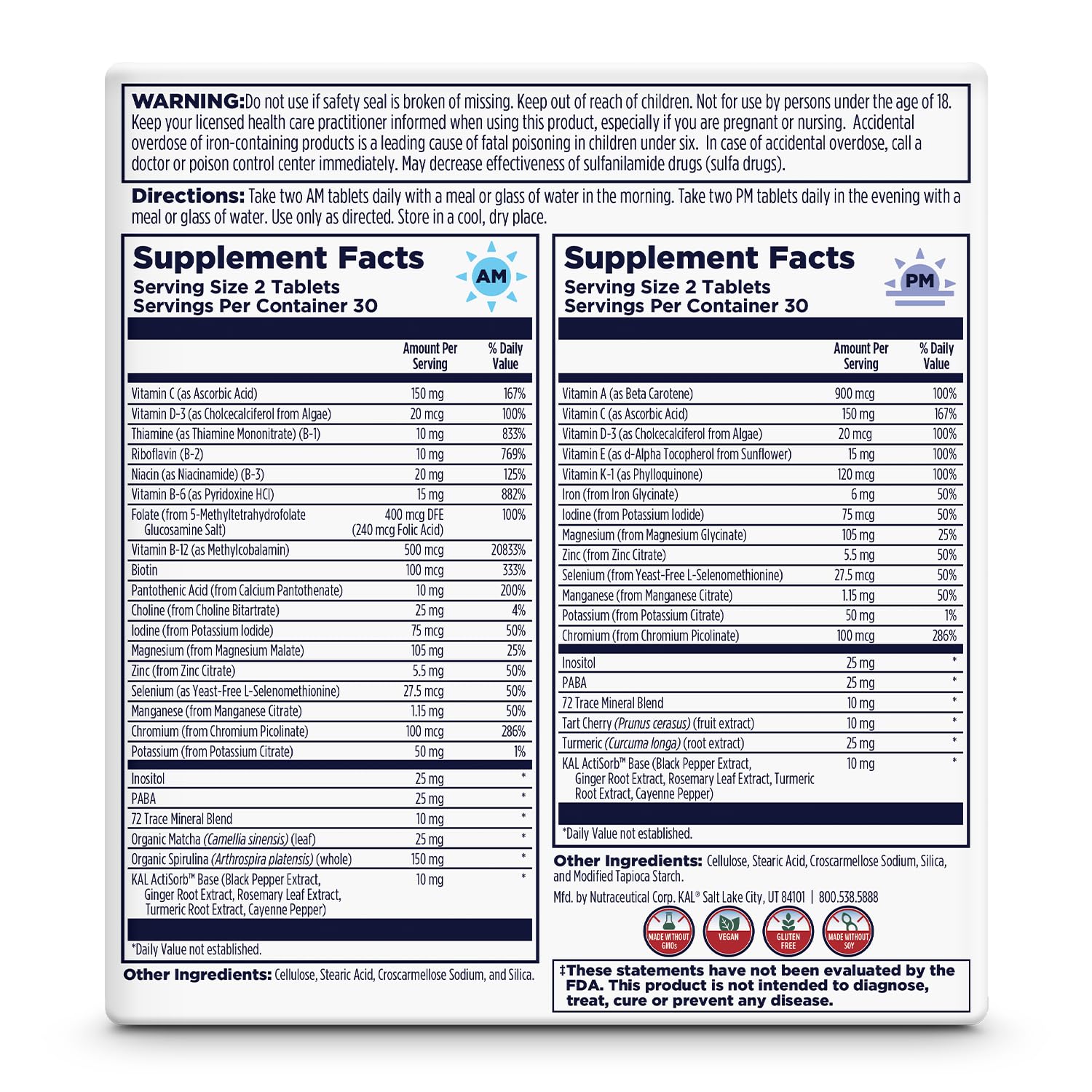 KAL Multivitamin AM/PM, 2-in-1 Womens and Mens Multivitamins Supplements, Turmeric, Tart Cherry, Organic Matcha and Spirulina for Immune,and Cellular Support, Gluten Free, 30 Servings, 120 Tablets