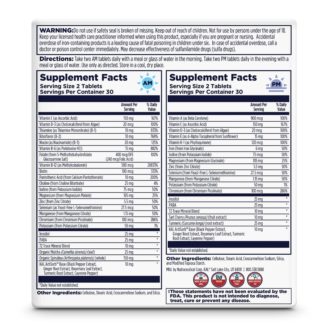 KAL Multivitamin AM/PM, 2-in-1 Womens and Mens Multivitamins Supplements, Turmeric, Tart Cherry, Organic Matcha and Spirulina for Immune,and Cellular Support, Gluten Free, 30 Servings, 120 Tablets