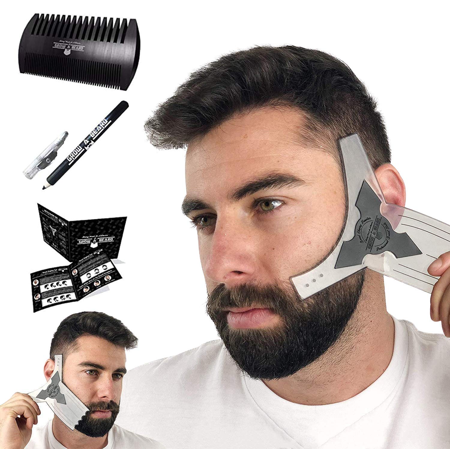 Beard Shaper & Beard Shaping Tool for Men, Beard Lineup Guide Template, Perfect for Styling and Edging, Includes Dual Action Beard Comb & Barber Pencil Liner