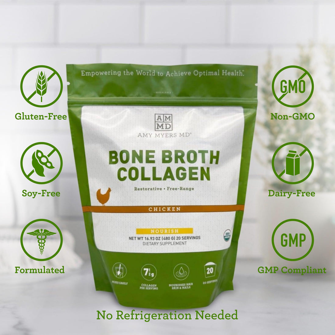 Amy Myers MD Bone Broth Collagen Powder - Type II Collagen Protein Powder from Organic Chicken Bone Broth - Supports Hair, Skin, Nails, Bones & Joints Health - Keto Friendly, 20 Servings (Chicken)