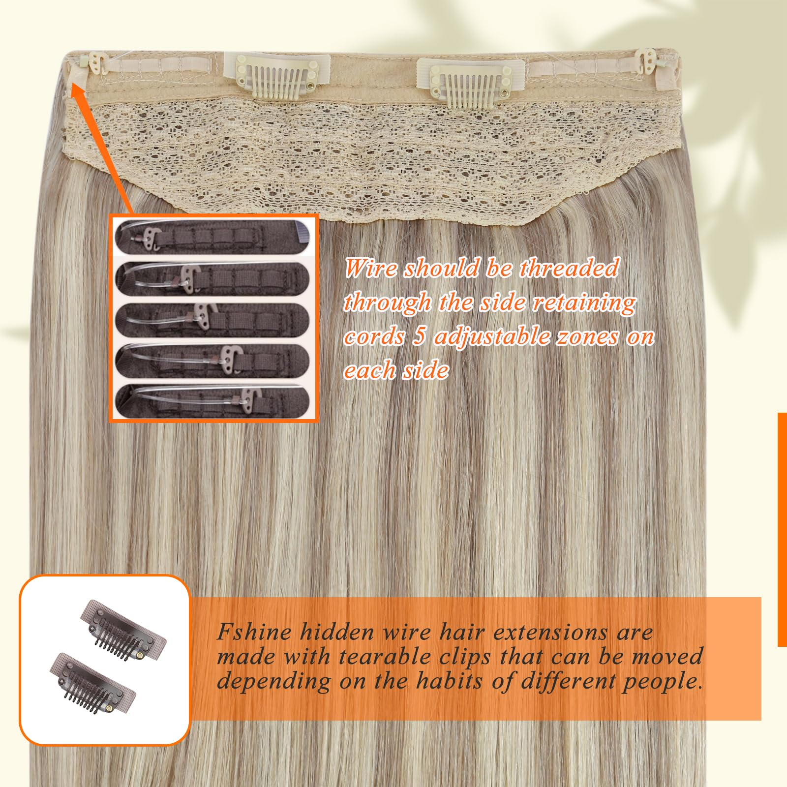 Fshine Invisible Human Hair Extensions 20 Inch Secret Crown Headband Wire in Hair Extension with Removable Clips 80 Gram Layered Wire Hair Extensions Ash Blonde 18 Highlighted Bleach Blonde 613