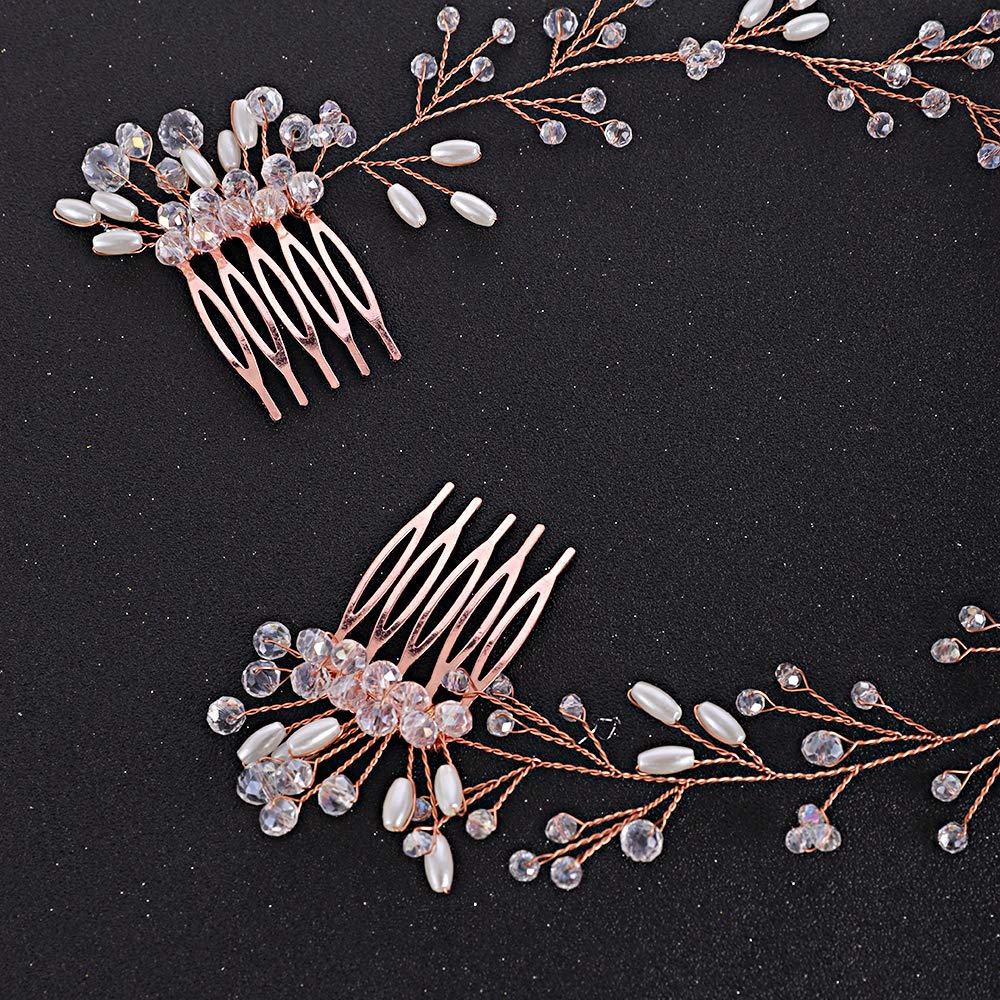 FXmimior Bride Hair Accessories Crystal Hair Vine Earrings Sets Headband Wedding Hair Comb Evening Party Hair Piece (rose gold) (headband& earrings)