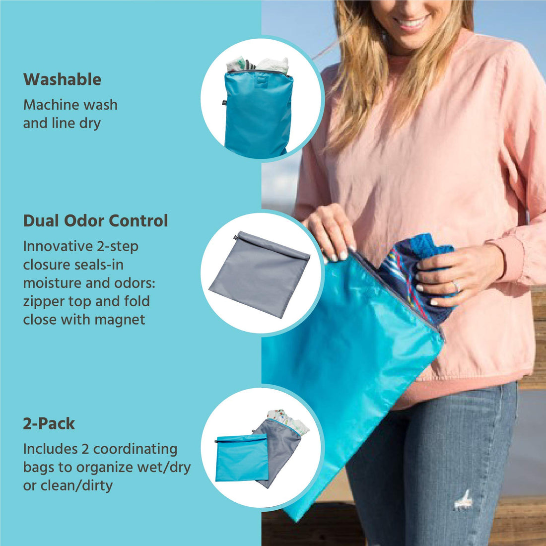 J.L. Childress Waterproof Wet and Dry Bags - 2 Pack - Leak-proof, Machine-Washable Wet Dry Bags - Reusable Bags for Travel, Beach, Cloth Diapers, Wet Clothes, Swimsuits, Gym - Teal/Grey