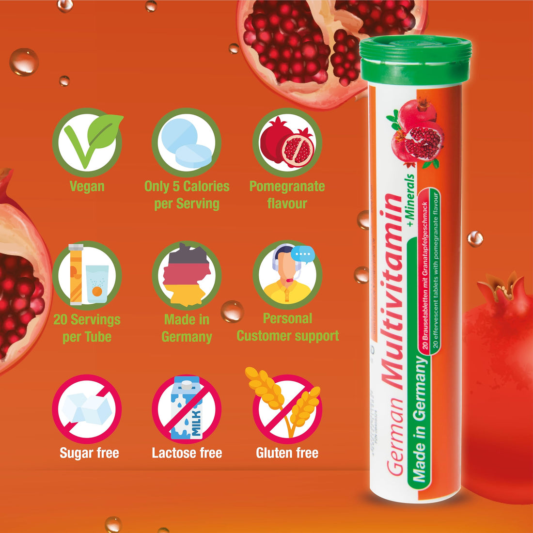 T&D German Multvitamin + Minerals 10 Vitamins 2 Minerals - 240 Vegan Drink Effervescent Tablets - Pomegranate Flavor - Made in Germany