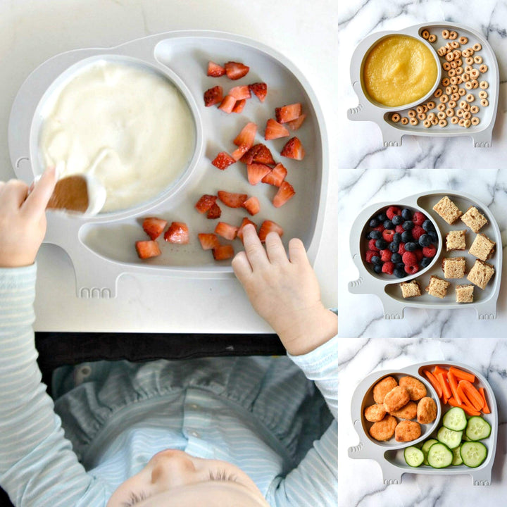 Sage Spoonfuls Sili Elephant Divided Toddler or Baby Suction Plate - 100% Silicone Plate, BPA-Free - Gray - Microwave, Dishwasher and Oven Safe