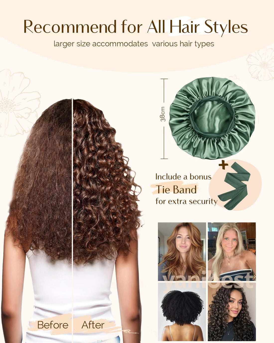 YANIBEST Silk Bonnet for Sleeping Women, Double Layer Hair Satin Bonnets with Elastic Band, Sleep Cap Curly Natural Hair