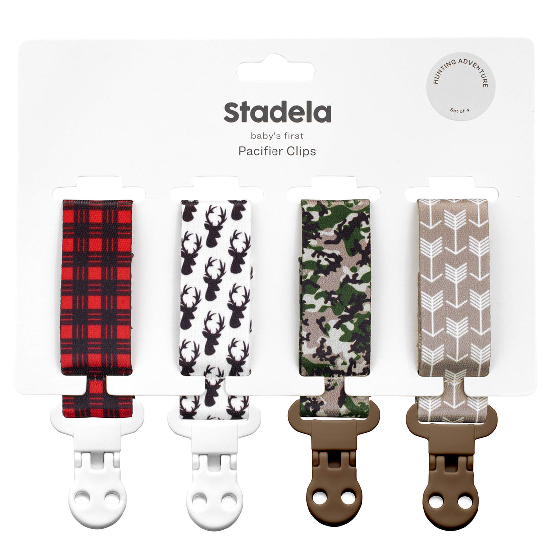 Stadela Baby Pacifier Clip Leash Soothie Teething Ring and Teether Toy Holder for Boy 4 Pack Baby Shower Birthday Gift Set Forest Animals Buffalo Check Plaid Arrows Deer (Hunting Adventure)