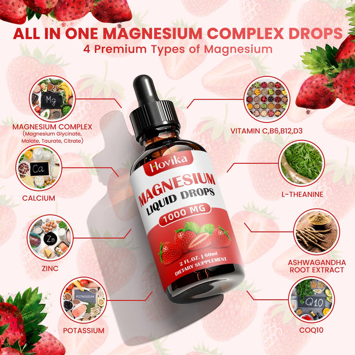 Magnesium Glycinate Liquid Drop with Citrate, Malate and Taurate, Calm Magnesium Supplement with Calcium, Potassium, Zinc, CoQ10, D3, B6, B12 for Relax Mood, Muscle, Energy- Strawberry Flavor, 2 Fl Oz