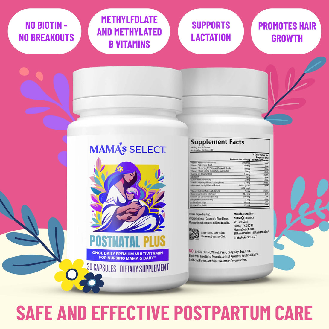 Mama's Select Postnatal Vitamins – Boosts Hair Recovery, Milk Supply, & Wellness – Allergen-Free, Vegan, MTHFR Friendly, Methylated Folate & B Vitamins, Easy-to-Swallow, No Biotin - 30 Capsules