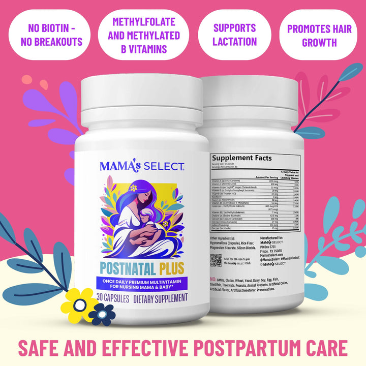 Mama's Select Postnatal Vitamins – Boosts Hair Recovery, Milk Supply, & Wellness – Allergen-Free, Vegan, MTHFR Friendly, Methylated Folate & B Vitamins, Easy-to-Swallow, No Biotin - 30 Capsules