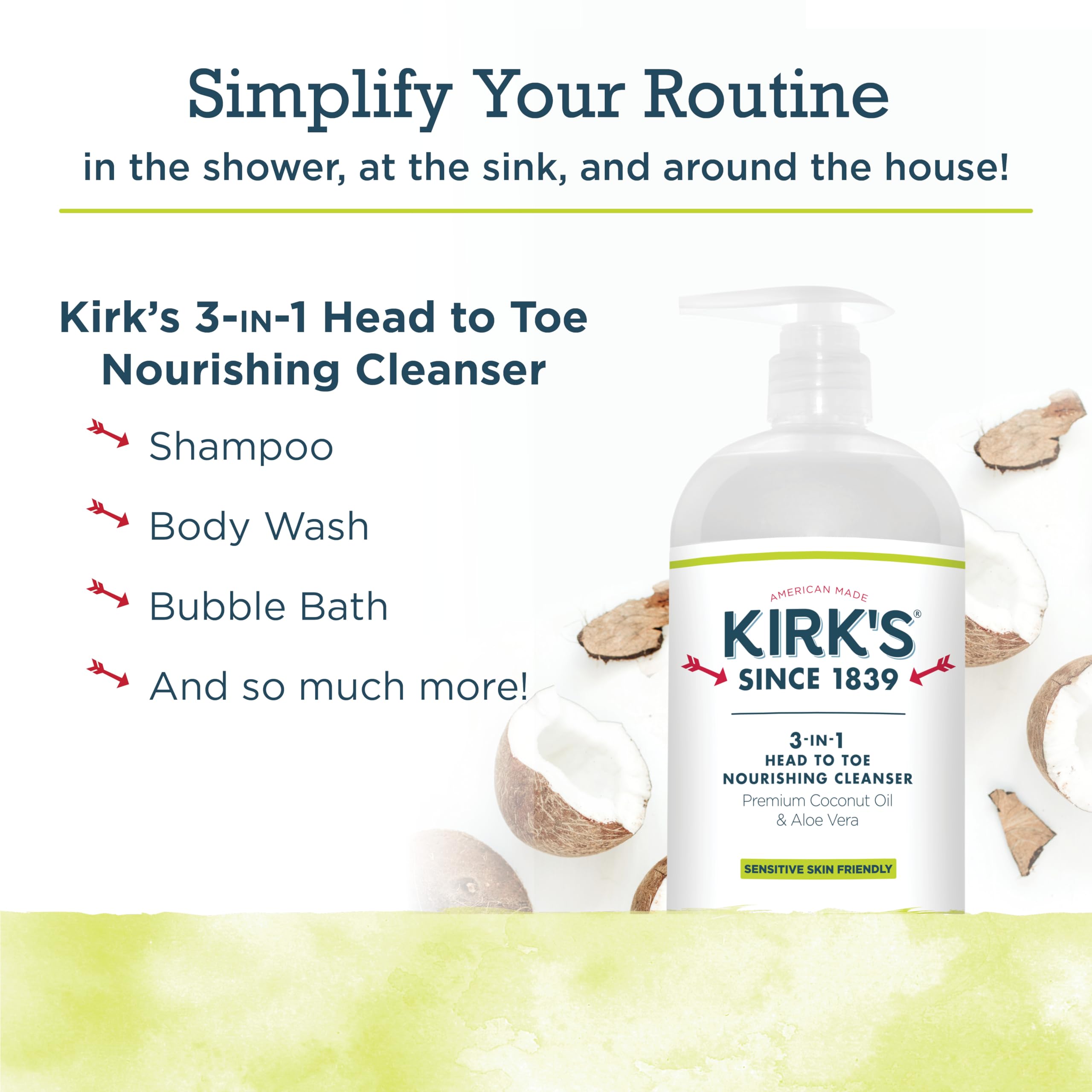 3-in-1 Castile Liquid Soap by Kirkââ‚¬â„¢s | Head-to-Toe Natural Shampoo, Face Soap & Body Wash for Men, Women & Children | Coconut Oil + Aloe Vera | Juniper & Lime Scent | 32 Fl Oz. Pump Bottle