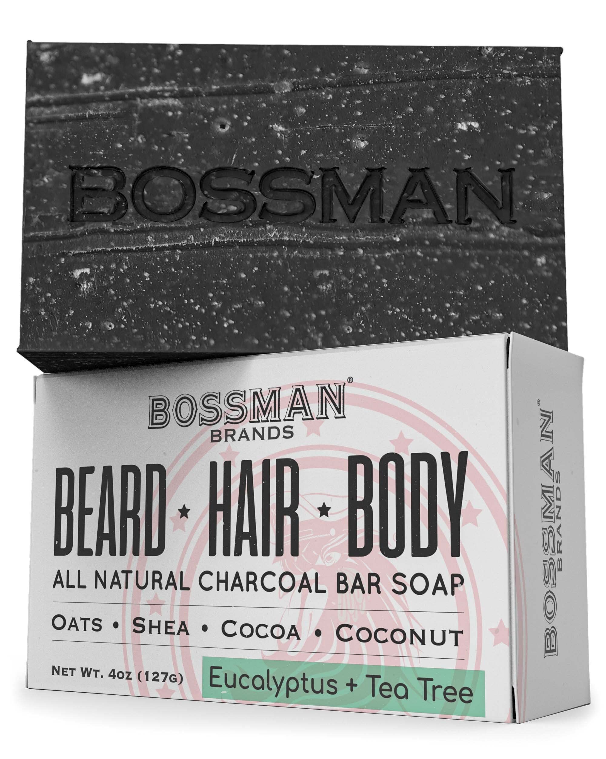 Bossman 4-in-1 Bar Soap for Men (4 oz) – All-Natural Beard Wash, Shampoo, Body Wash & Shaving Soap – Eucalyptus & Tea Tree Scent