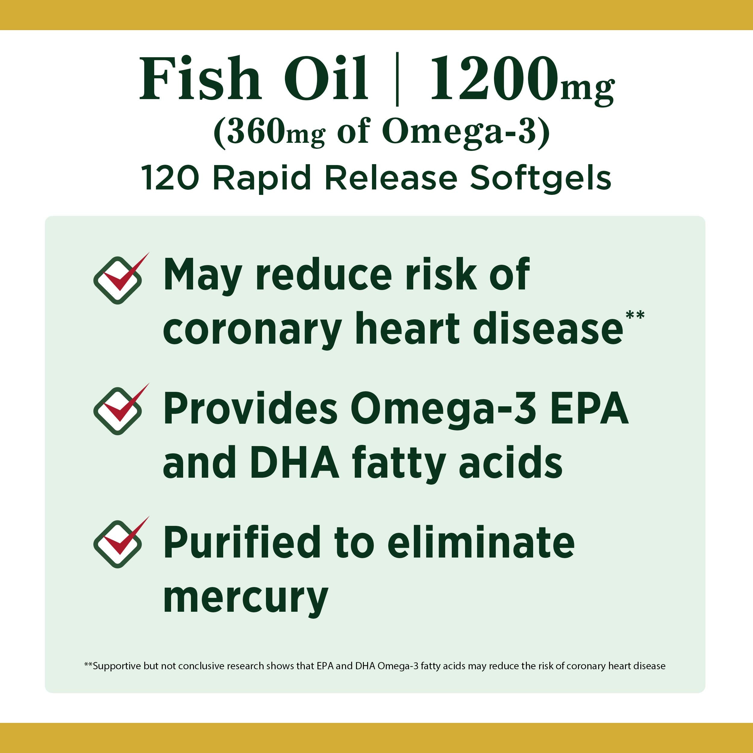 Nature's Bounty Fish Oil, Dietary Supplement, Omega 3, Supports Heart Health, 1200 Mg, 120 Rapid Release Softgels