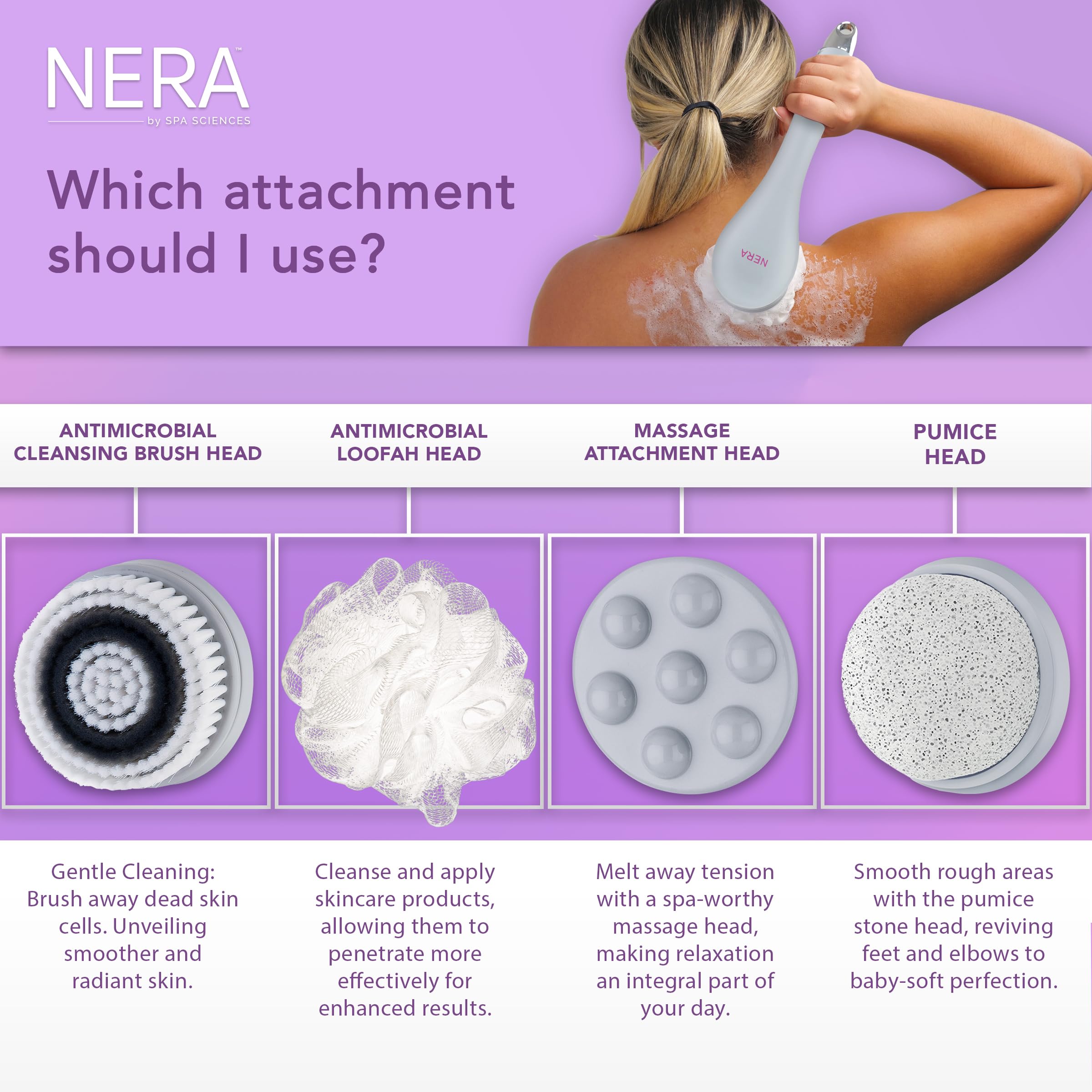 Spa Sciences NERA Shower Body Brush - 4-in-1 Multifunction Treatment - for Improved Exfoliation, Cleansing, Massaging - Includes Body Brush, Loofah, Pumice Stone, Massage Head - All Skin Types
