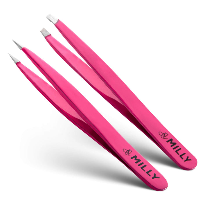 Precision Tweezers | Slant and Pointed | Tweezers for Eyebrows and Ingrown Hair | Tweezers Set | Perfectly Aligned Hand-Filed Tips For Ultra Precision | Effortless Plucking | For Men and Women | Pink