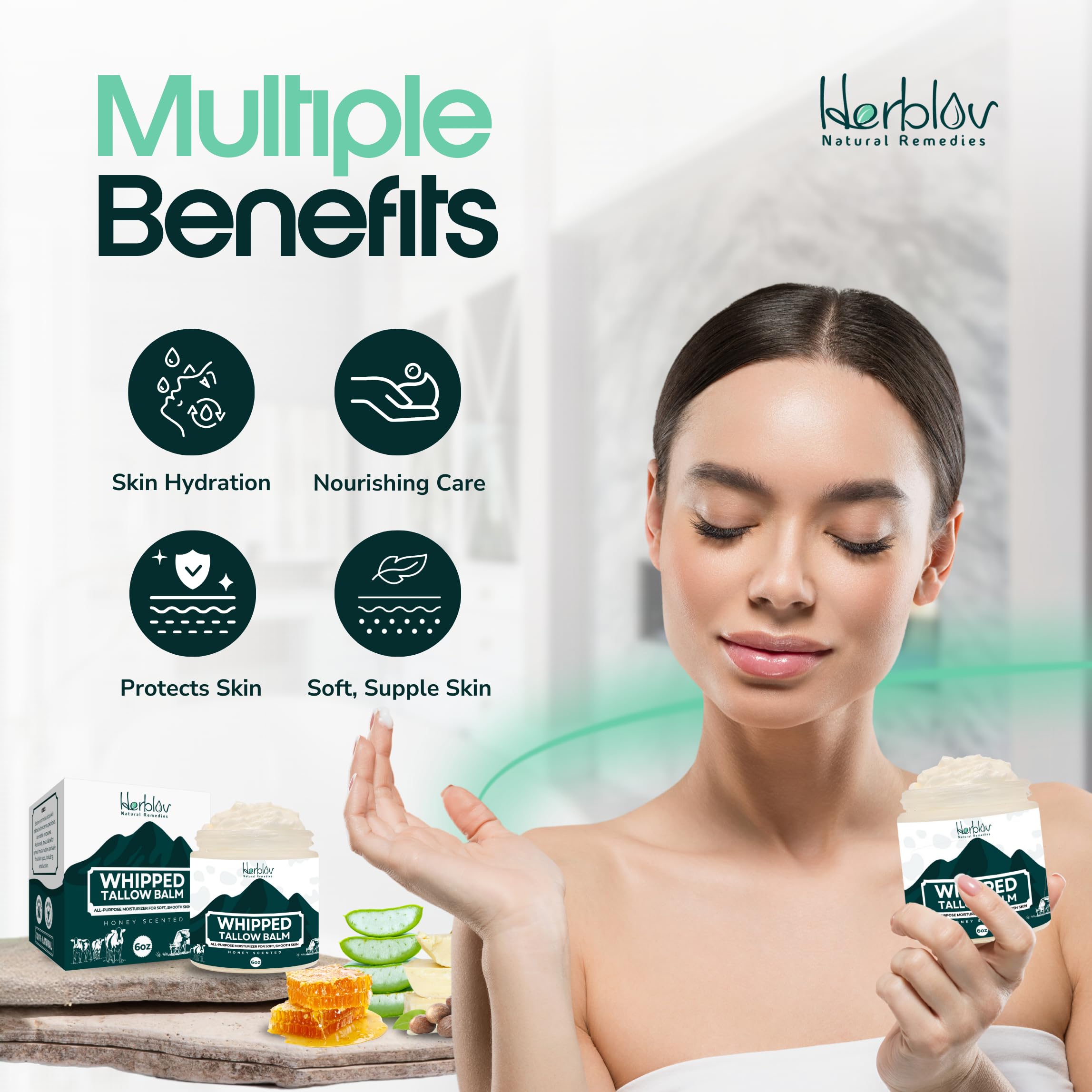 Beef Tallow Balm – Natural Grass Fed Whipped Tallow and Honey All Purpose Balm – Moisturizing Face and Body Lotion for Eczema, Cracked, Dry, Itchy, Irritated Skin – Skin Repair Skincare Made in USA