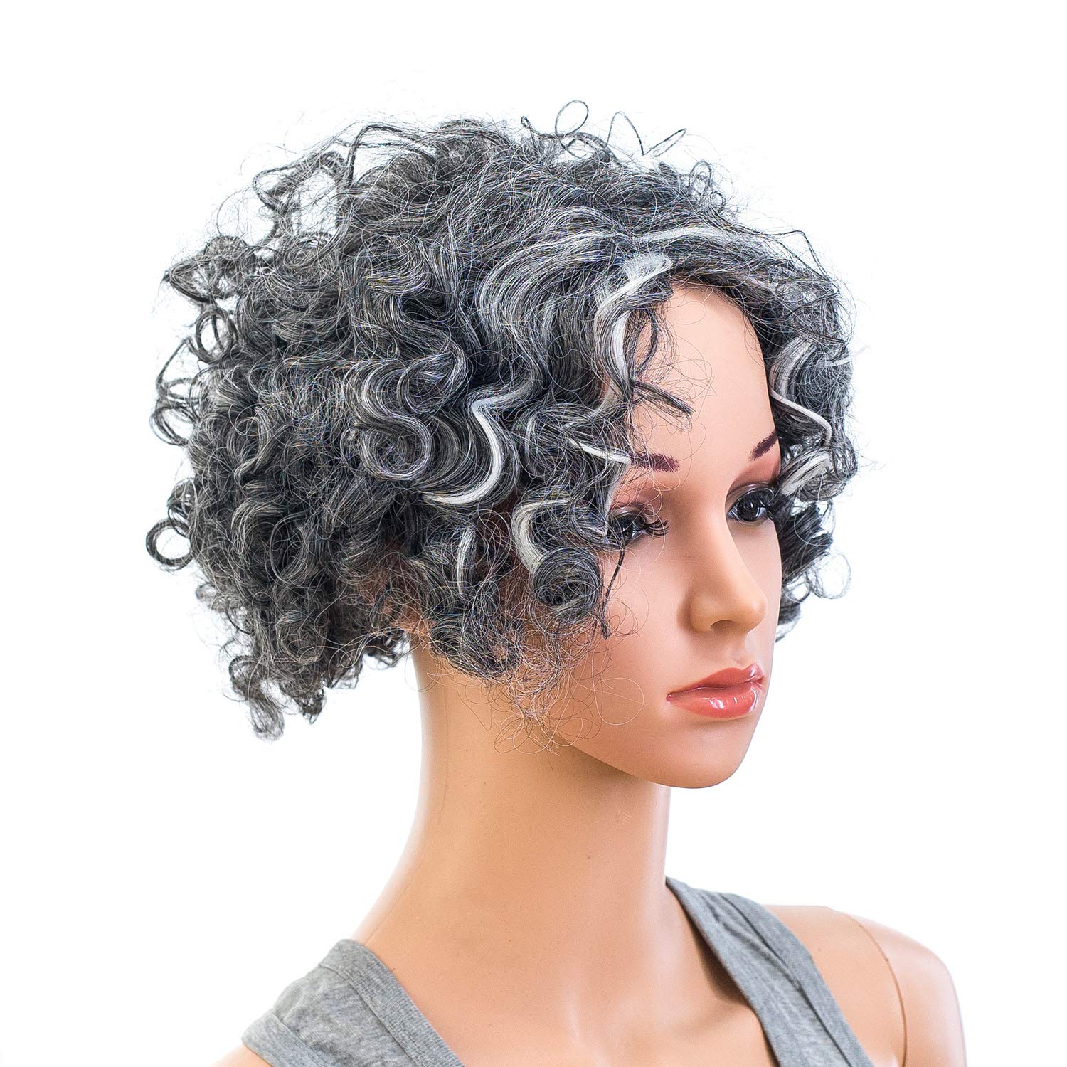 Swacc 12-Inch Old Lady Cosplay Wig Short Silver Gray Grandmother Curly Wigs For Women And Kids With Wig Cap