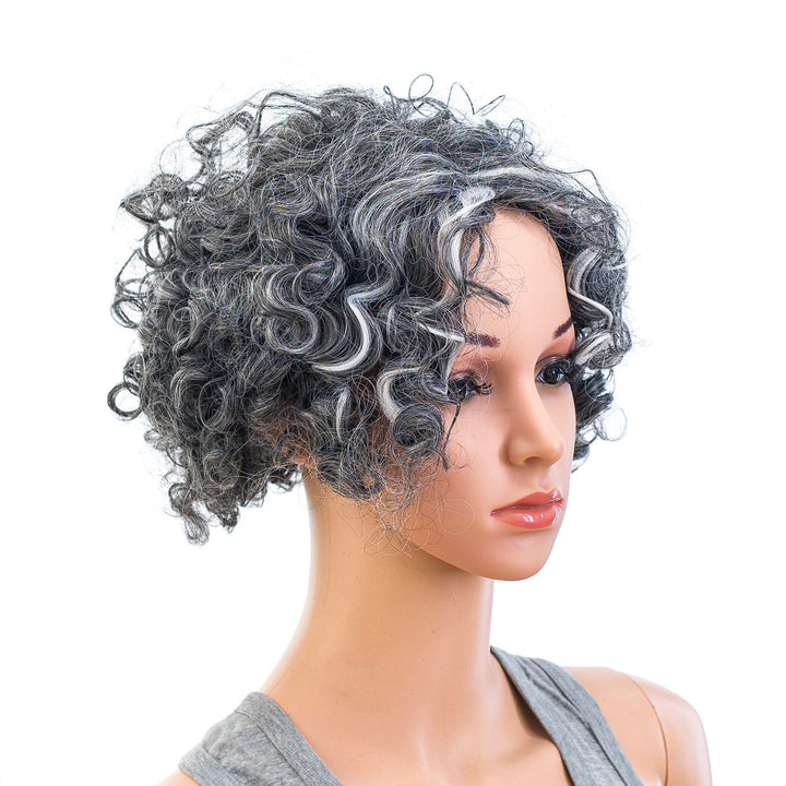 Swacc 12-Inch Old Lady Cosplay Wig Short Silver Gray Grandmother Curly Wigs For Women And Kids With Wig Cap