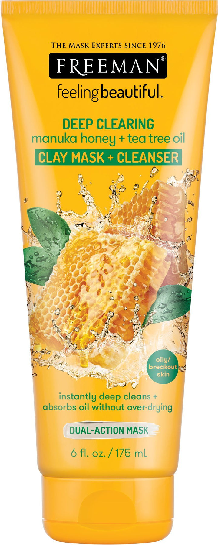 Freeman Deep Clearing Manuka Honey & Tea Tree Oil Clay Mask + Cleanser, Healing and Skin Purifying Beauty Face Mask, 6 fl oz tube/175 mL