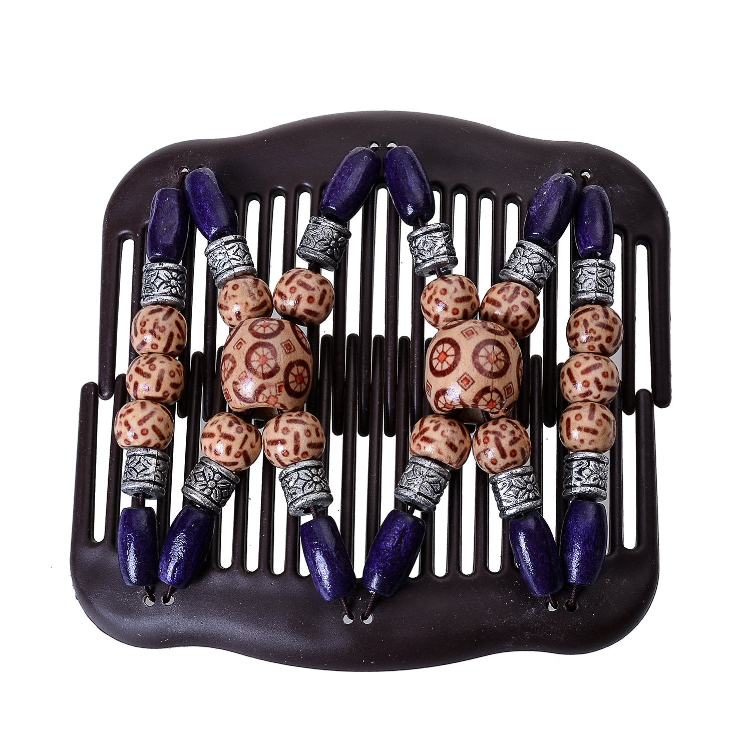 Lovef Women Magic Combs Wood Beaded Stretch Double Side Combs Clips Bun Maker Hair Accessories (Purple)
