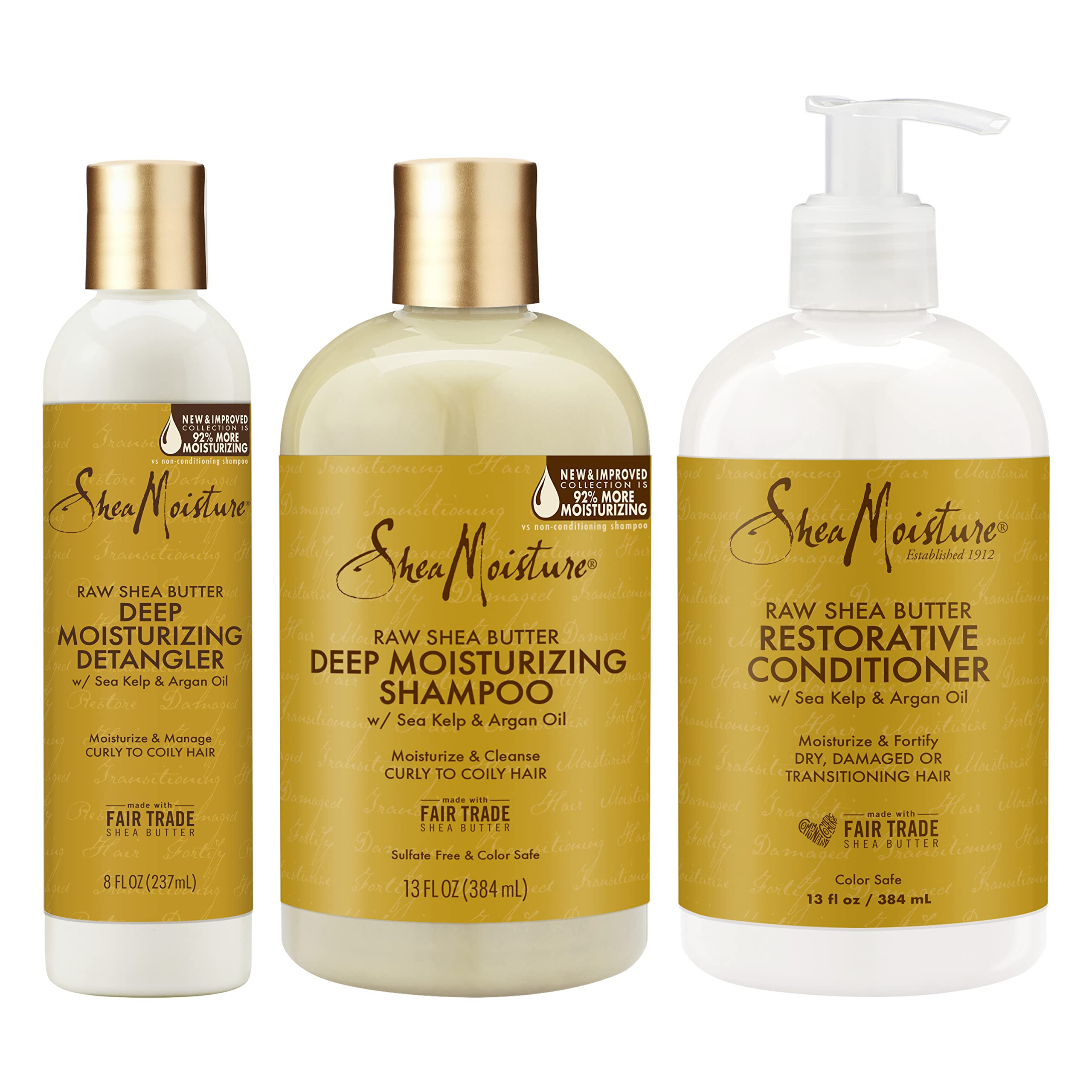 SheaMoisture Deep Moisturizing Hair Care For Curly, Dry and Damaged Hair Raw Shea Butter 3 Count Sulfate Free Shampoo and Conditioner, Hair Detangler with Sea Kelp and Argan Oil