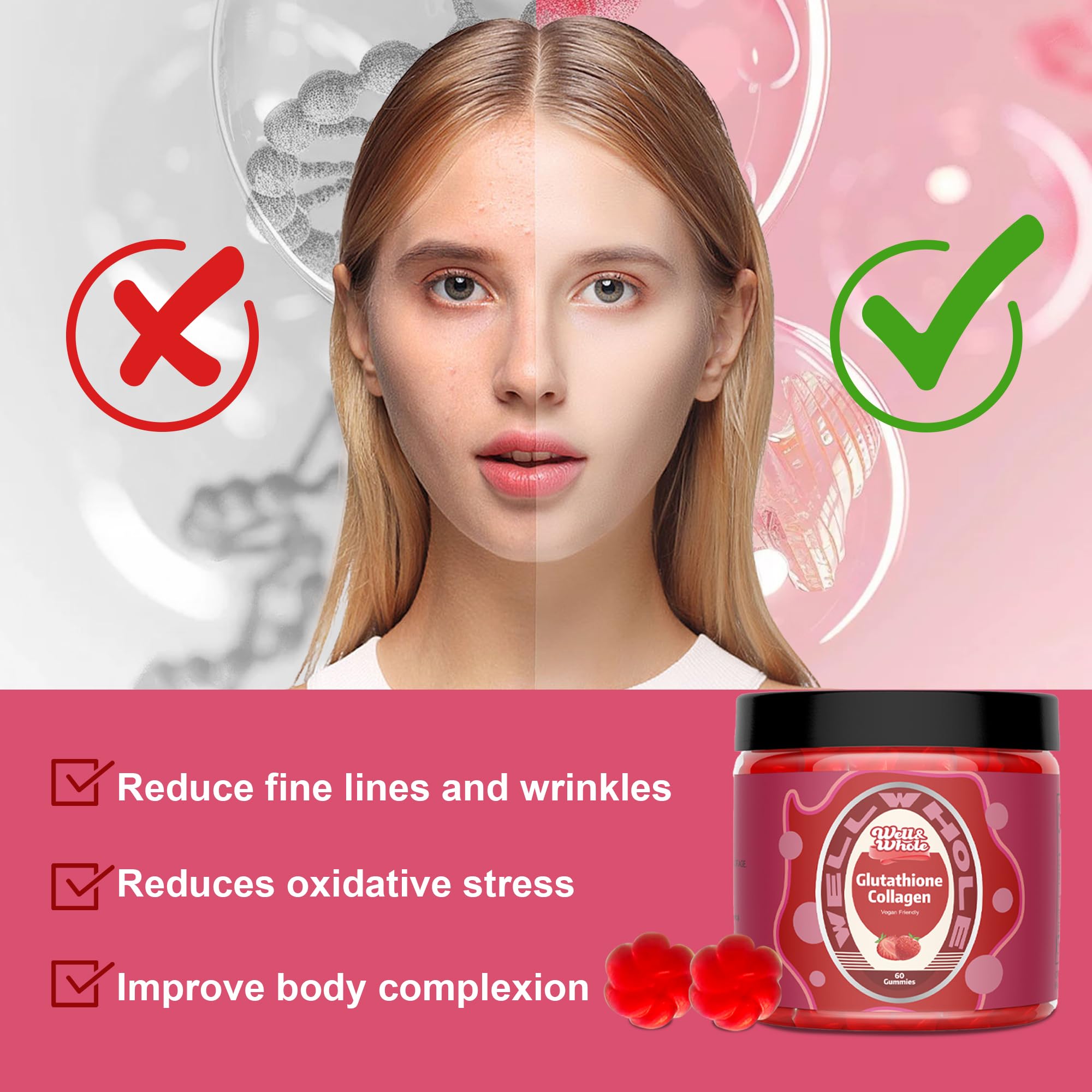 Well&Whole Glutathione Collagen Glow Gummies, Glow Beauty Collagen Gummies for Women, Strawberry Flavor, 60 Counts