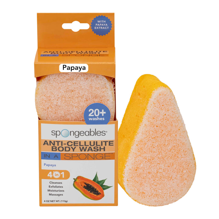 Spongeables Anti-Cellulite Body Wash in a Sponge, Reduce the Appearance of Cellulite, Moisturizer and Exfoliator for the Body, Papaya Scent, 20+ Washes, Pack of 1