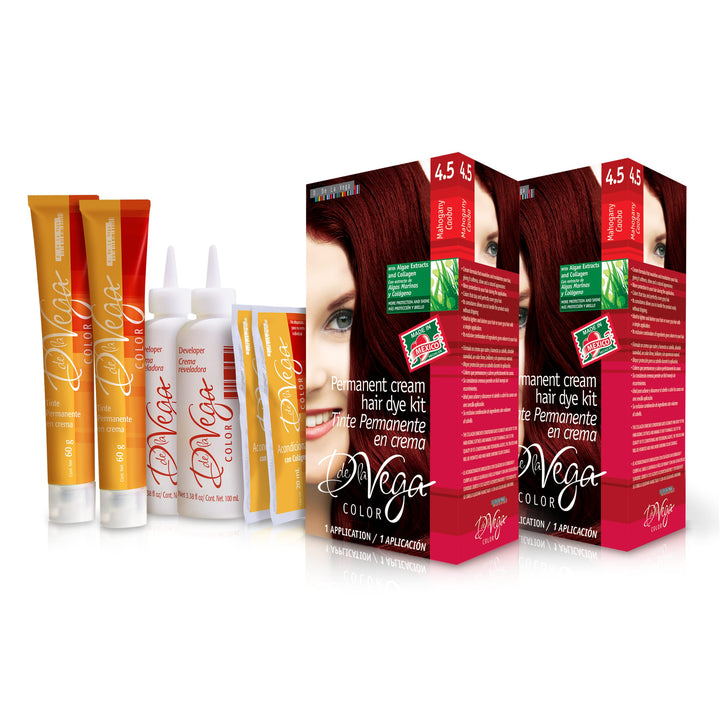 De La Vega, Hair Dye Permanent Cream Kit with Algae Extracts and Collagen Helps Dye your Hair with more Protection and Shine Color 4.5, Mahogany, 2 Boxes
