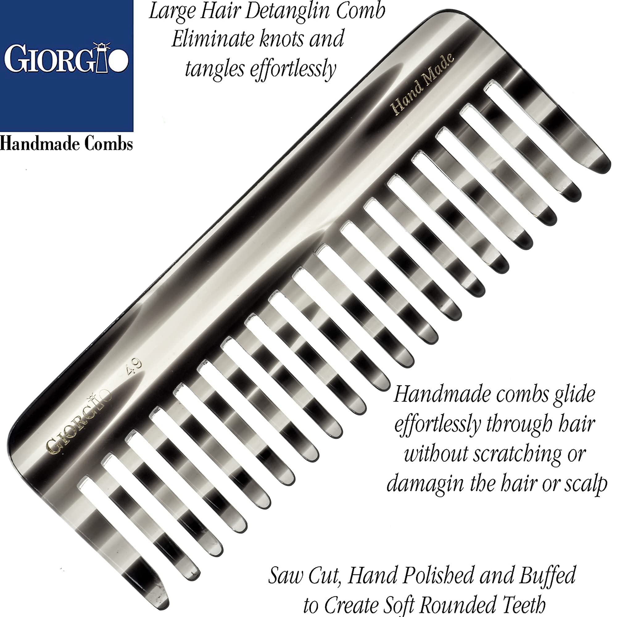Giorgio G49 & G30 Hand Made Detangling Combs - Wide Teeth, Hand-Made of quality Durable Cellulose, Saw-cut and Hand Polished (2 Pack, Ivory & Tortoiseshell)