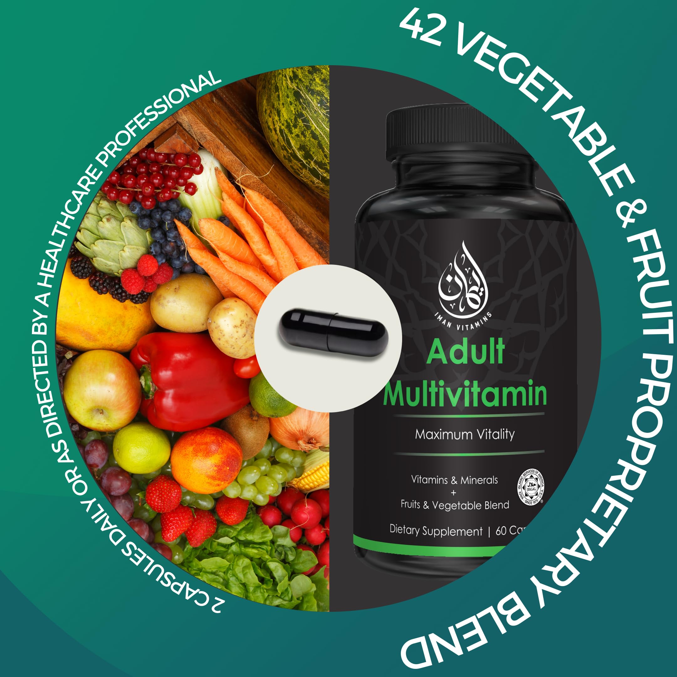 Iman Vitamins Halal Complete Multivitamin Capsules for Adults Men & Women | 42 Fruit & Vegetable Blend with Iron, Zinc, CoQ10, Folic Acid, and Vitamin A, B1, B3, B6, B12, C, D3, E | 60 Count