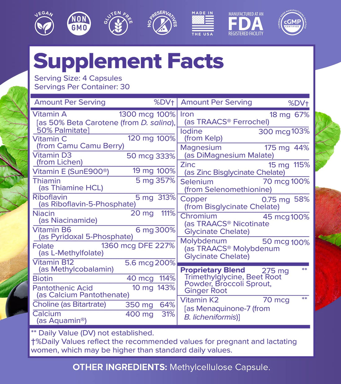 Whole Food Prenatal Vitamins (120 Capsules) Natural Support for Maternal and Fetal Health, Prenatal Multivitamin for Women with Choline, B Vitamins and More, Vegan, No Soy, Gluten or Dairy