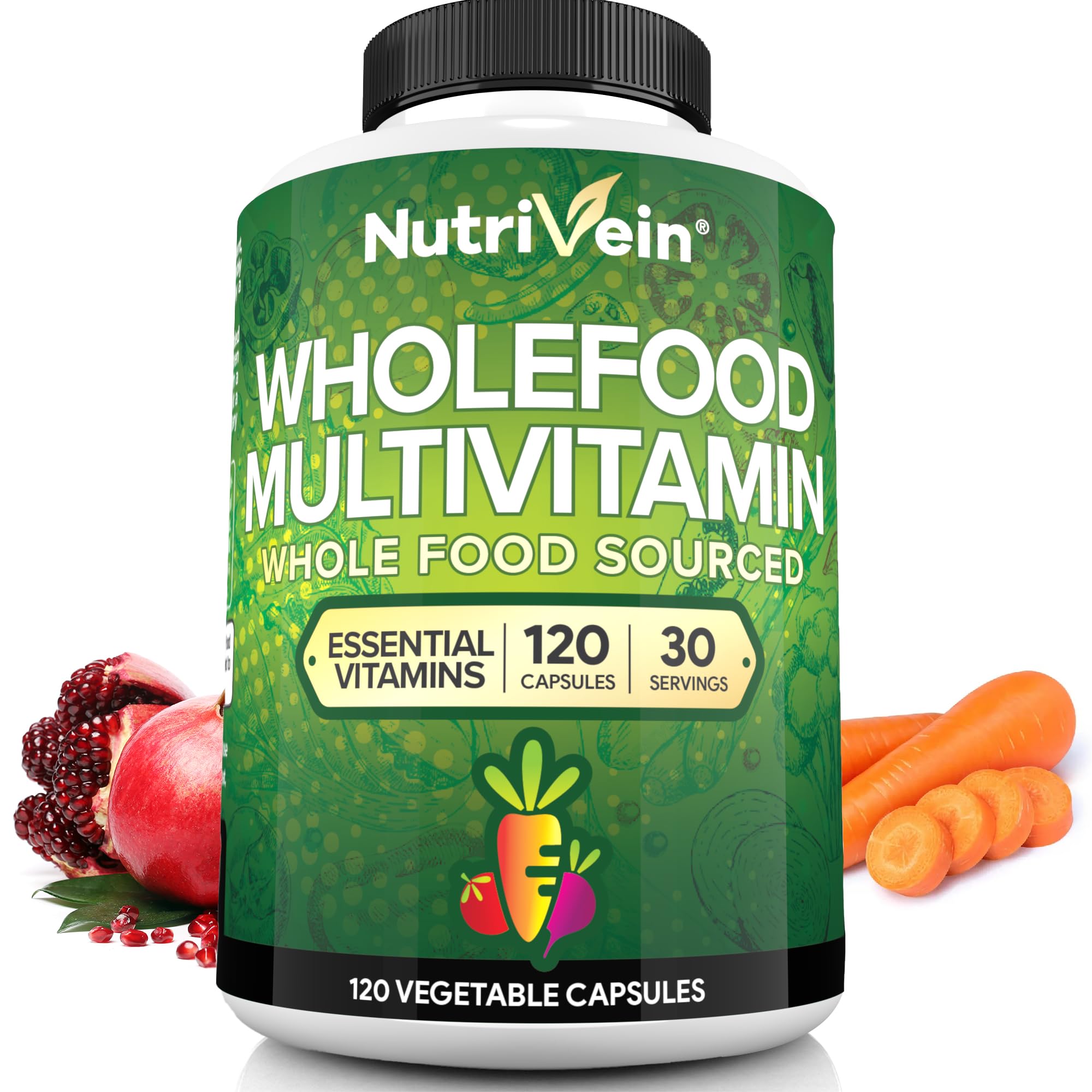 Nutrivein Whole Food Multivitamin - Complete Daily Vitamins for Men and Women from Natural Whole Foods, Real Raw Veggies, Fruits, Vitamin E, A, B Complex - 30 Day Supply (120 Capsules, Four Daily)