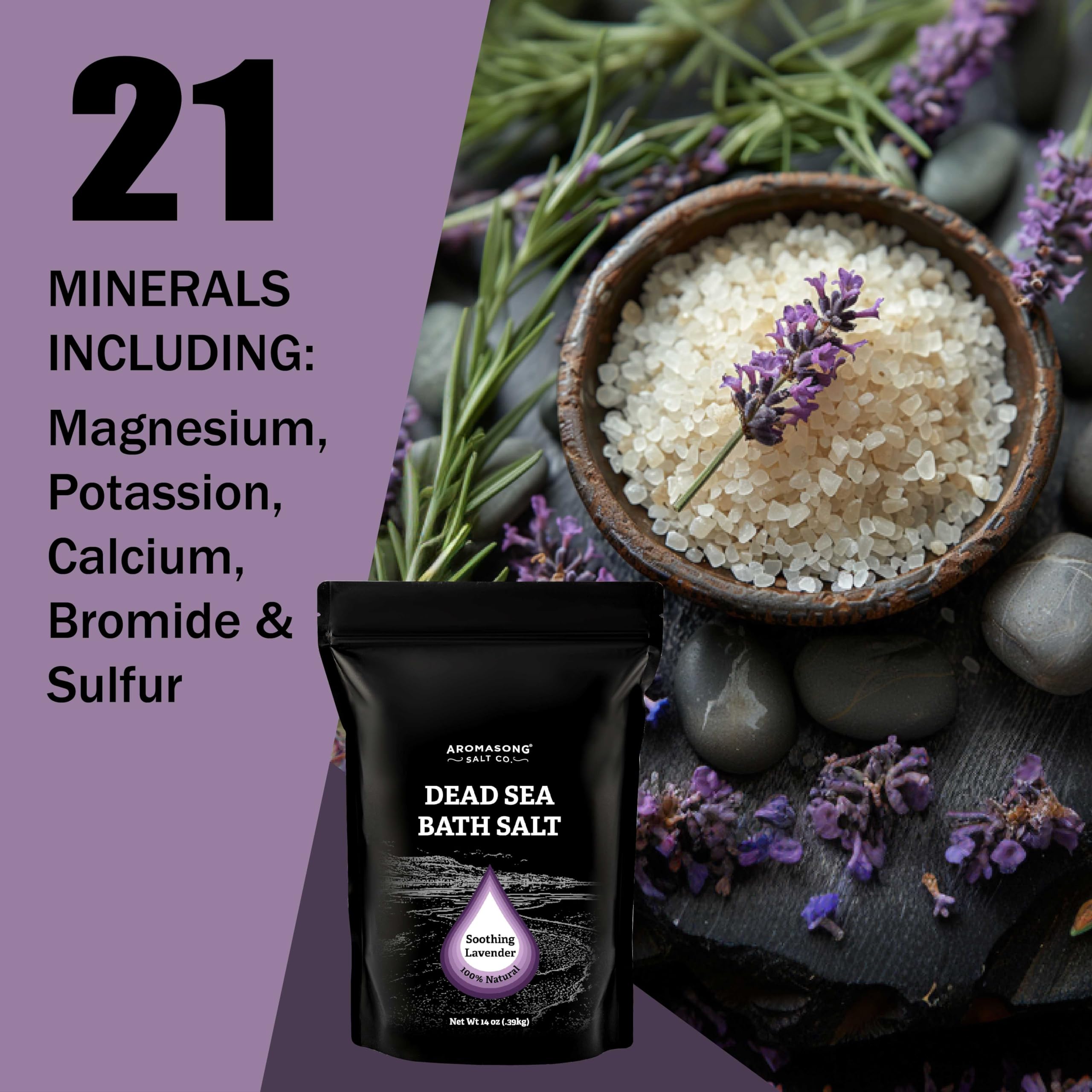 Pure Dead Sea Salt for Soaking with 100% Natural Lavender – 14 Oz. Spa Bath Salt Fine Grain in Resealable Pack - Used for Body Wash Scrub - Soak for Women & Men.