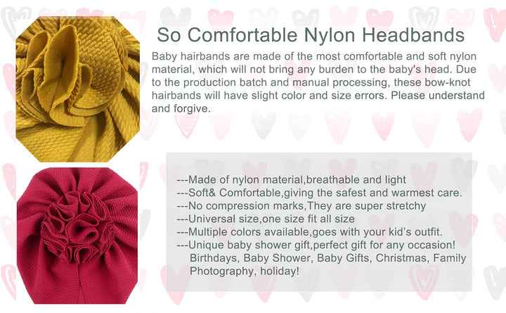 5 Pcs Baby Girls Headbands Nylon Hairbands with Bows Soft Elastics Baby Hospital Hat Newborn Turban Headwrap Hair Accessories for Babies Infant Toddlers Kids Photography