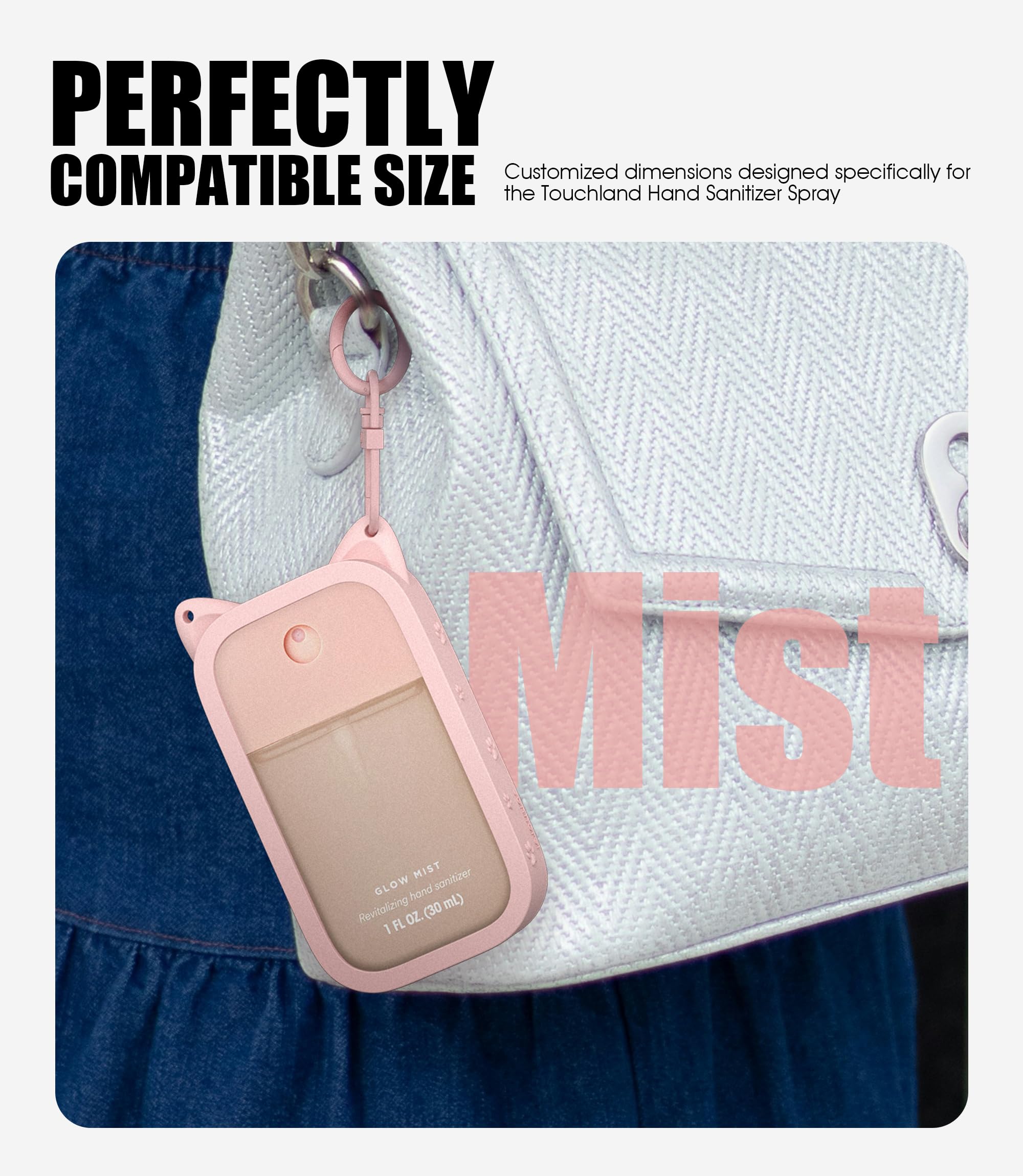 1 Pack Silicone Case Compatible with Touchland Hand Sanitizer Spray (Fit for 1 FL OZ/30 mL Ver), Portable keychain Cute Color Ears (Pink)