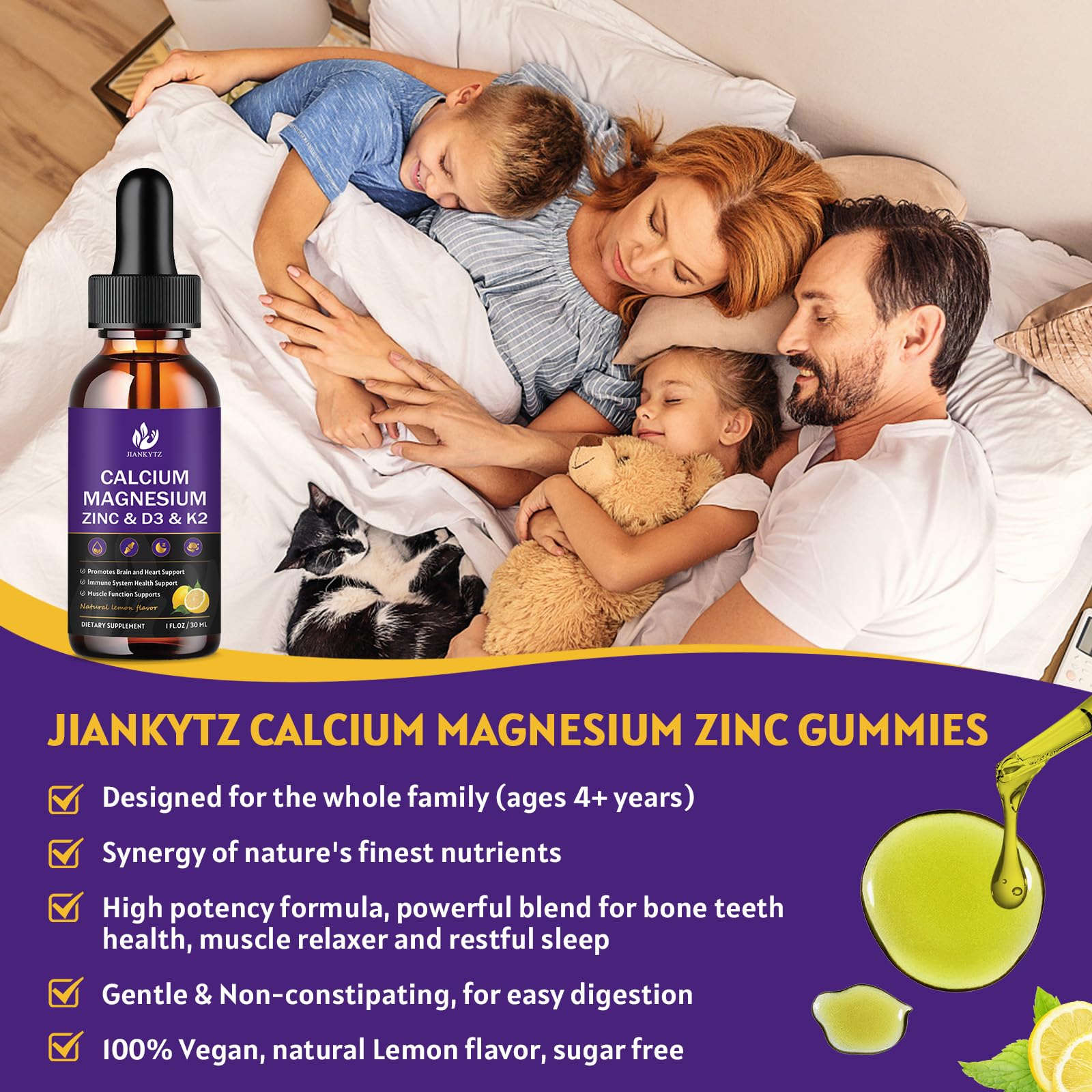 JIANKYTZ Calcium Magnesium Zinc 1300mg with Magnesium Glycinate, Vitamin C D3 K2 B6 and Sea Moss | Calcium Supplement Calcium with Vitamin D3 K2 Liquid Drop | Gluten Free | 2 Pack