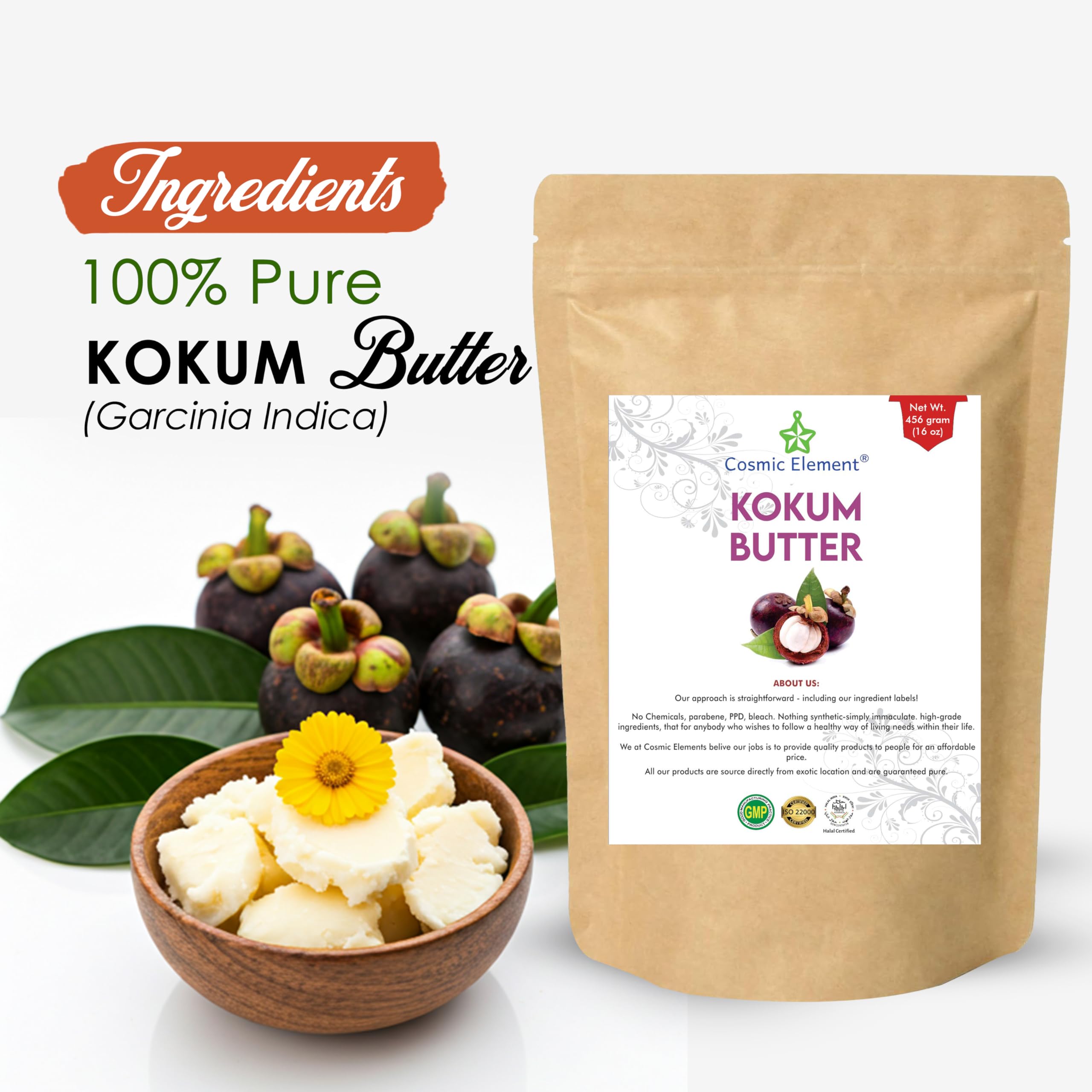 Cosmic Element Raw Organic Kokum Butter - Light, Firm Butter for Skin Care | Ideal for Making Soap, Lotion Bars, Lip Balm | Body Butter for Dry Skin - Scent-Free (16 Oz)