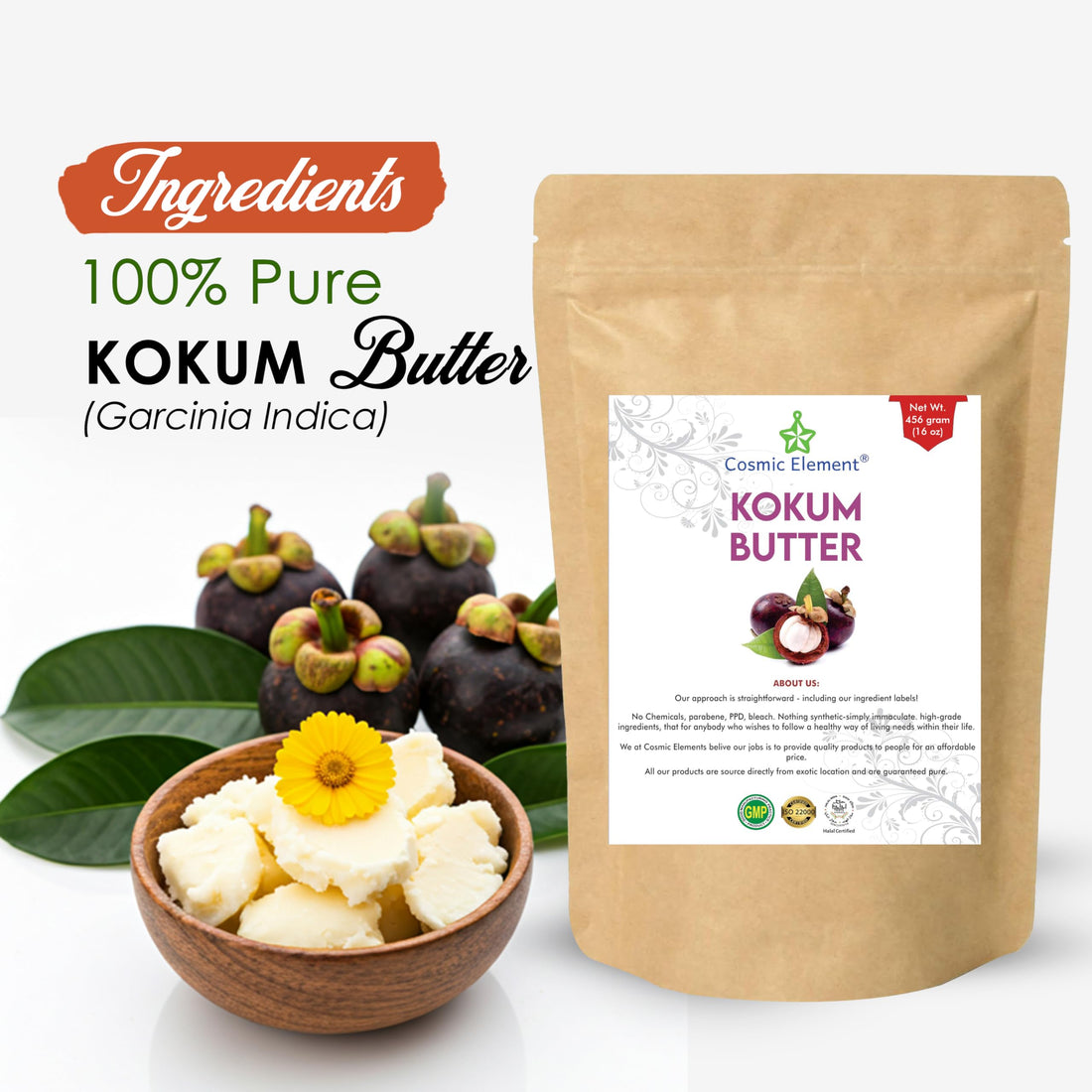 Cosmic Element Raw Organic Kokum Butter - Light, Firm Butter for Skin Care | Ideal for Making Soap, Lotion Bars, Lip Balm | Body Butter for Dry Skin - Scent-Free (16 Oz)