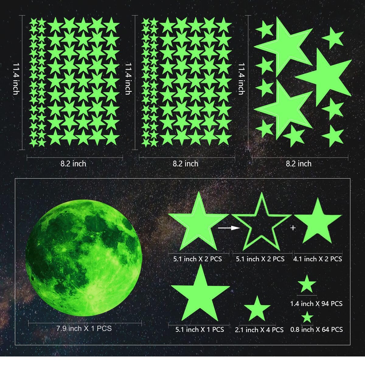 Glow Stars and Full Moon Wall Stickers for Starry Sky,Glowing Star Beautiful Wall Decals for Any Room,Beautiful Wall Decals for Kids Gift,Glow in The Dark Stars Light Your Ceiling