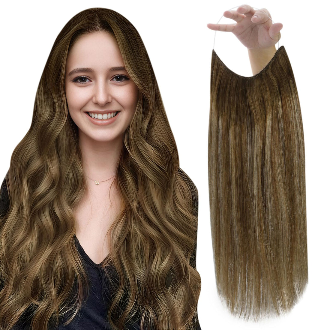 Fshine Invisible Hair Extensions Human Hair Clip in Headband 16Inch Hidden Wire Crown Extensions Real Human Hair Balayage Dark Brown to Blonde 80Gram Crown Hair Pieces for Women with Thinning Hair