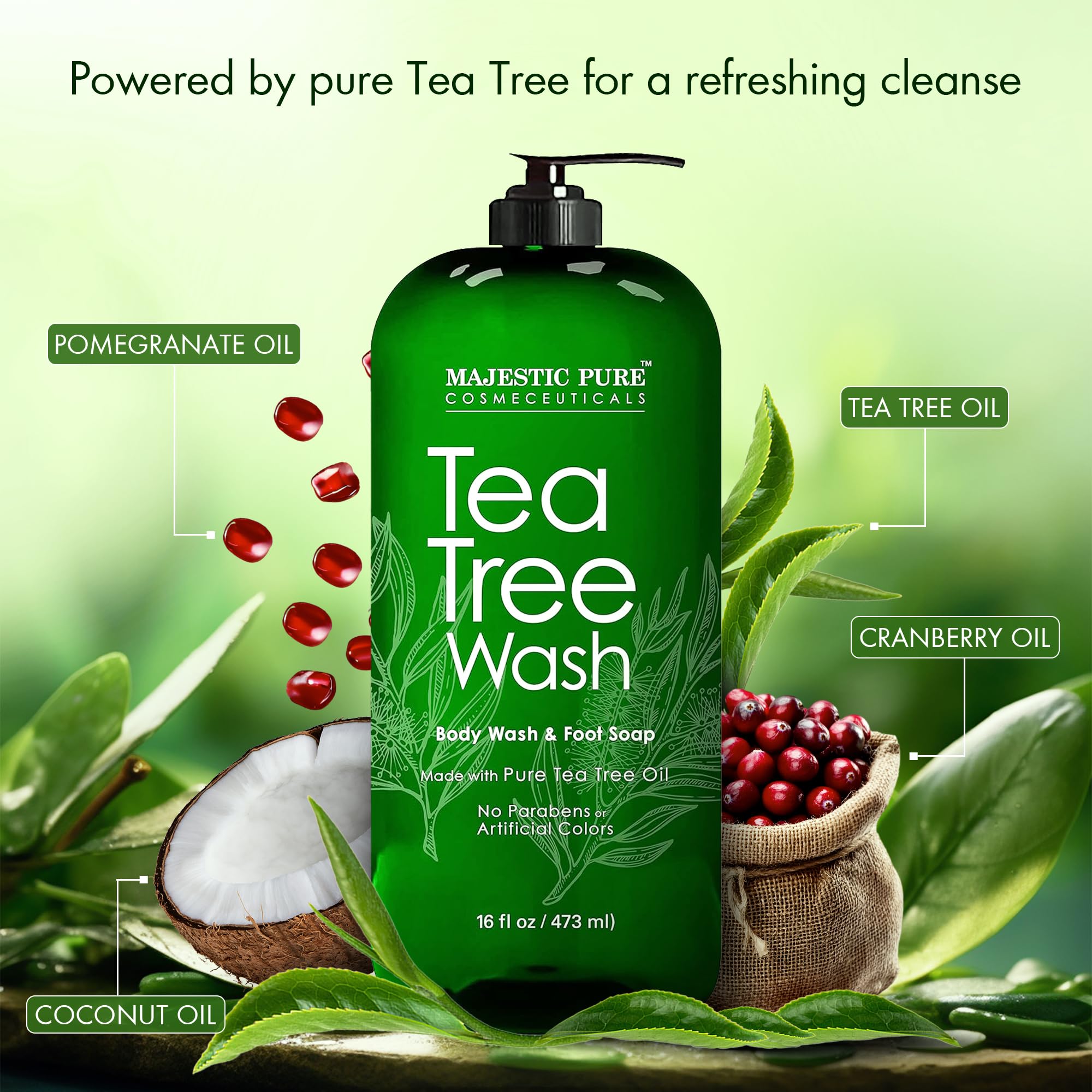 Majestic Pure Tea Tree Body Wash - Formulated to Combat Dry, Flaky Skin - Soothes, Nourishes and Moisturizes Irritated, Chapped, Problem Skin Areas - (Packaging may Vary) -16 fl. oz.